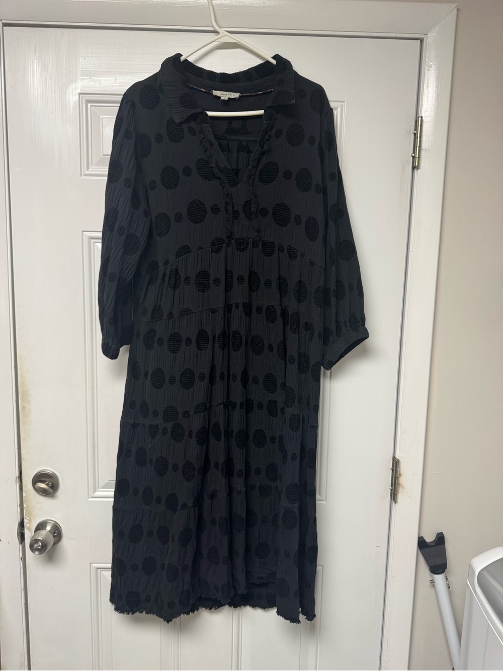 Umgee Black Dot-Textured Long Sleeve Tiered Midi Dress